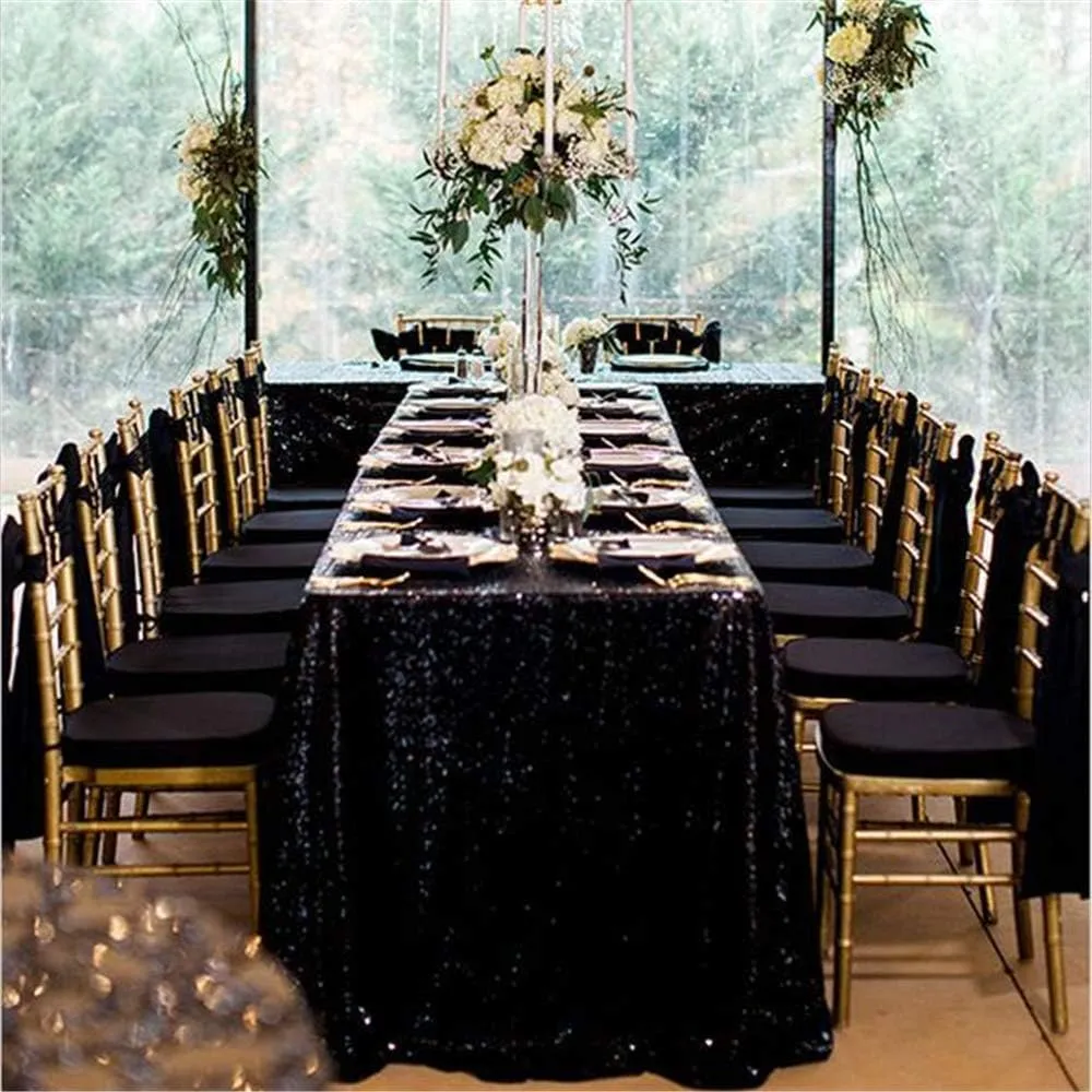 B-COOL Seamless Sequin Table Cloth Black Glitter Design Table Cloth Wedding Overlay Birthday Party Tables Decoration 90x132-inch (Black)