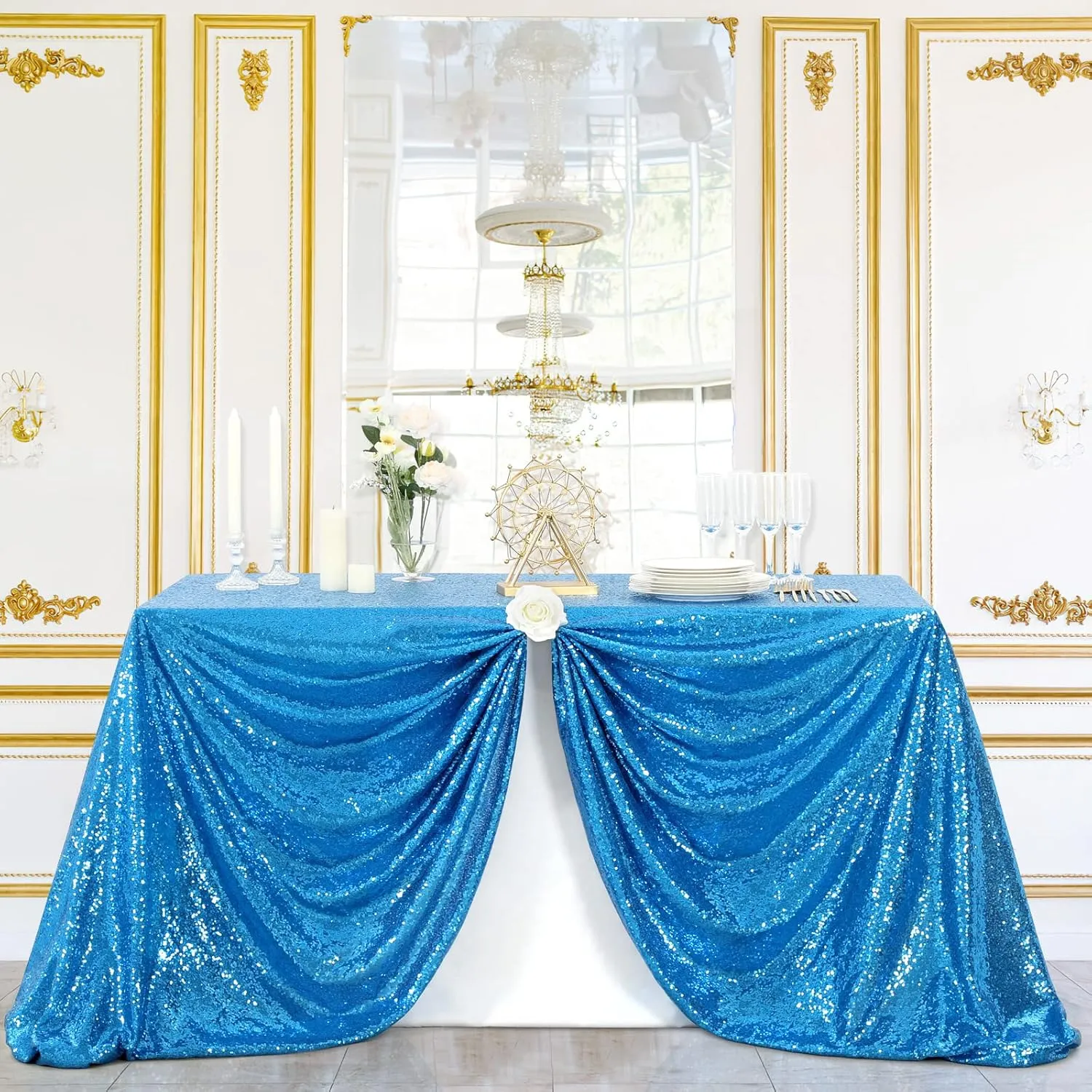 B-COOL Sequined Tablecloth Sparkle Tablecloth Holiday Overlay Drapes Mermaid Theme Decorations Reception Birthday Parties 90x132 Inch Table Cloth for Cakes