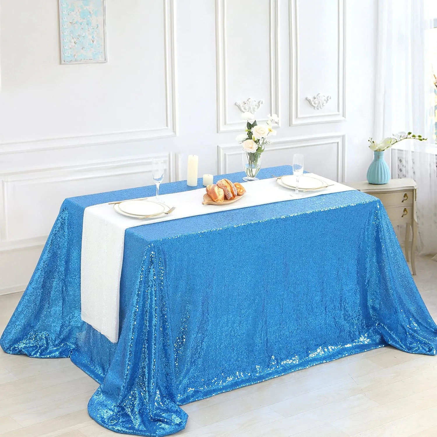 B-COOL Sequined Tablecloth Sparkle Tablecloth Holiday Overlay Drapes Mermaid Theme Decorations Reception Birthday Parties 90x132 Inch Table Cloth for Cakes