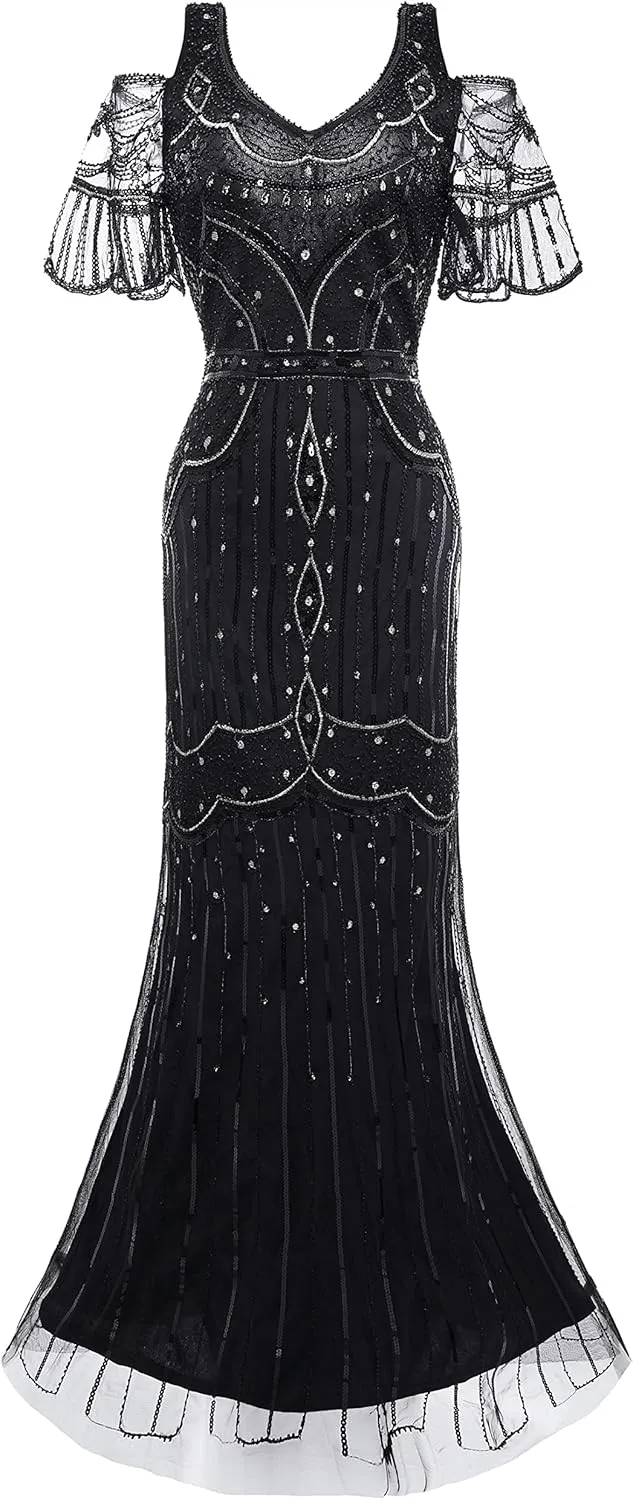 BABEYOND Long Dress V-Neck Party Dress Multi-Layer Long Fringe