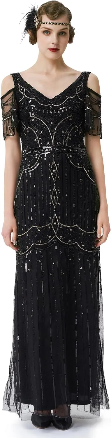 BABEYOND Long Dress V-Neck Party Dress Multi-Layer Long Fringe