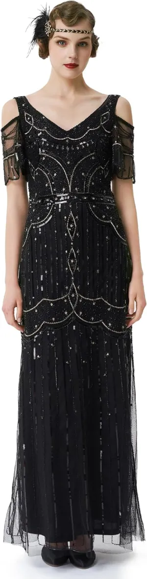 BABEYOND Long Dress V-Neck Party Dress Multi-Layer Long Fringe