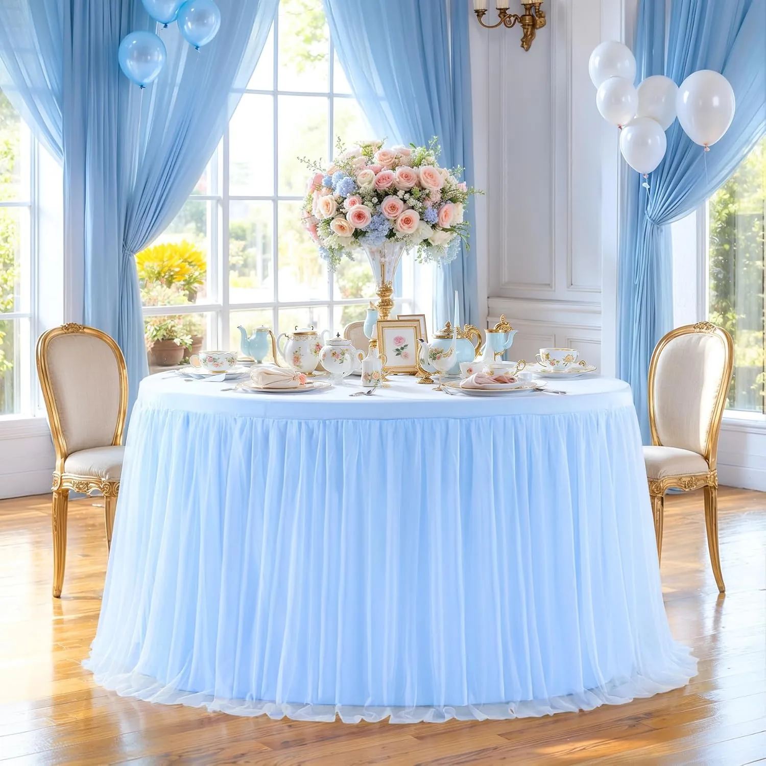 Baby Blue Tulle Tablecloth Fitted 72 Inch Round Tables for Baby Shower Round Table Cloth with Tutu Skirt Wrinkle Free Stretch Ruffle Table Cover for Wedding Birthday Gender Reveal Party Cake