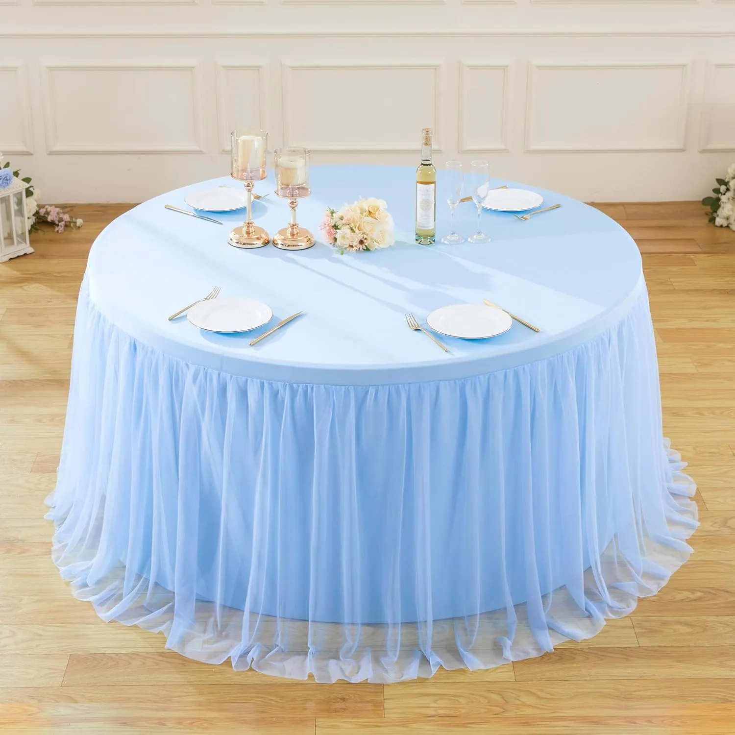 Baby Blue Tulle Tablecloth Fitted 72 Inch Round Tables for Baby Shower Round Table Cloth with Tutu Skirt Wrinkle Free Stretch Ruffle Table Cover for Wedding Birthday Gender Reveal Party Cake