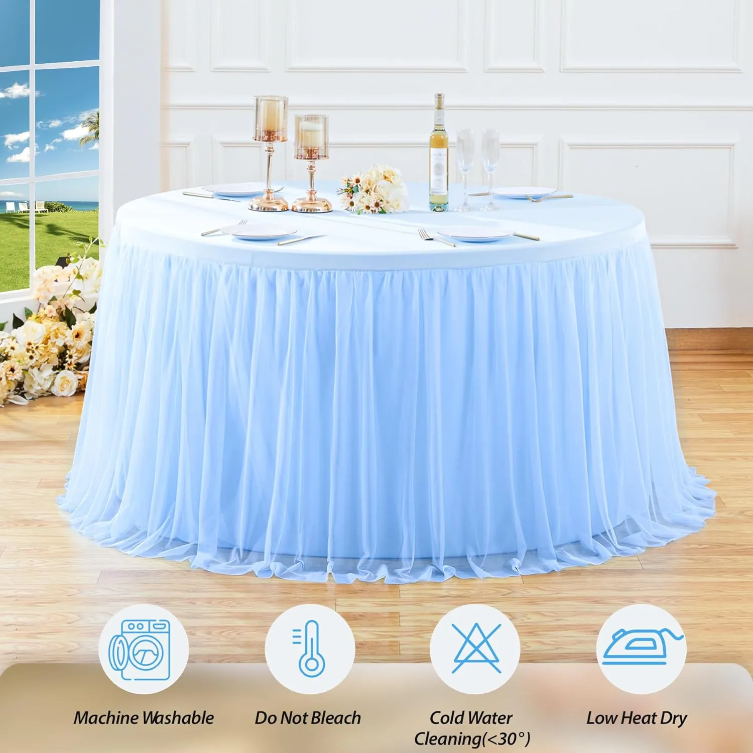 Baby Blue Tulle Tablecloth Fitted 72 Inch Round Tables for Baby Shower Round Table Cloth with Tutu Skirt Wrinkle Free Stretch Ruffle Table Cover for Wedding Birthday Gender Reveal Party Cake