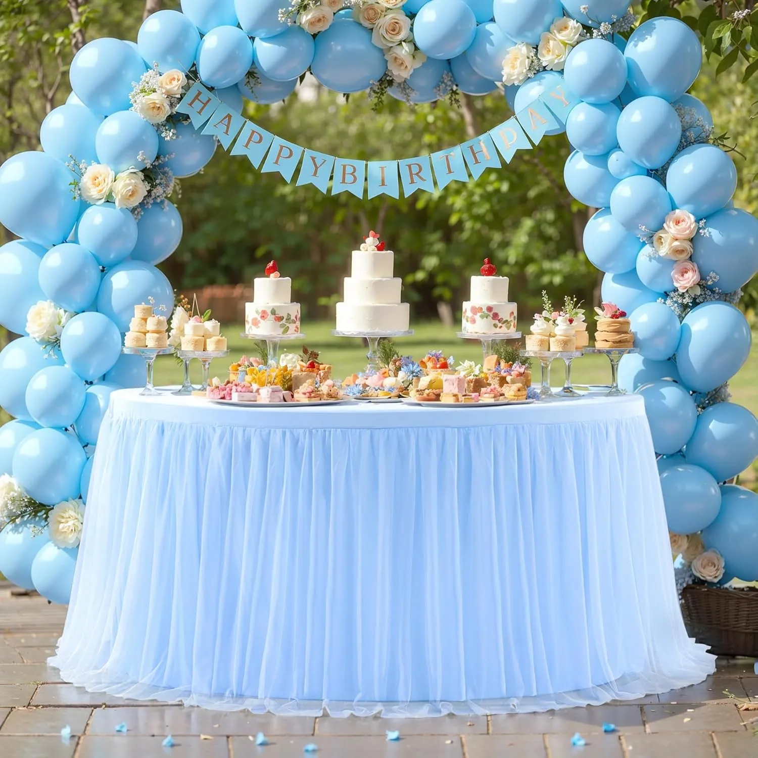 Baby Blue Tulle Tablecloth Fitted 72 Inch Round Tables for Baby Shower Round Table Cloth with Tutu Skirt Wrinkle Free Stretch Ruffle Table Cover for Wedding Birthday Gender Reveal Party Cake