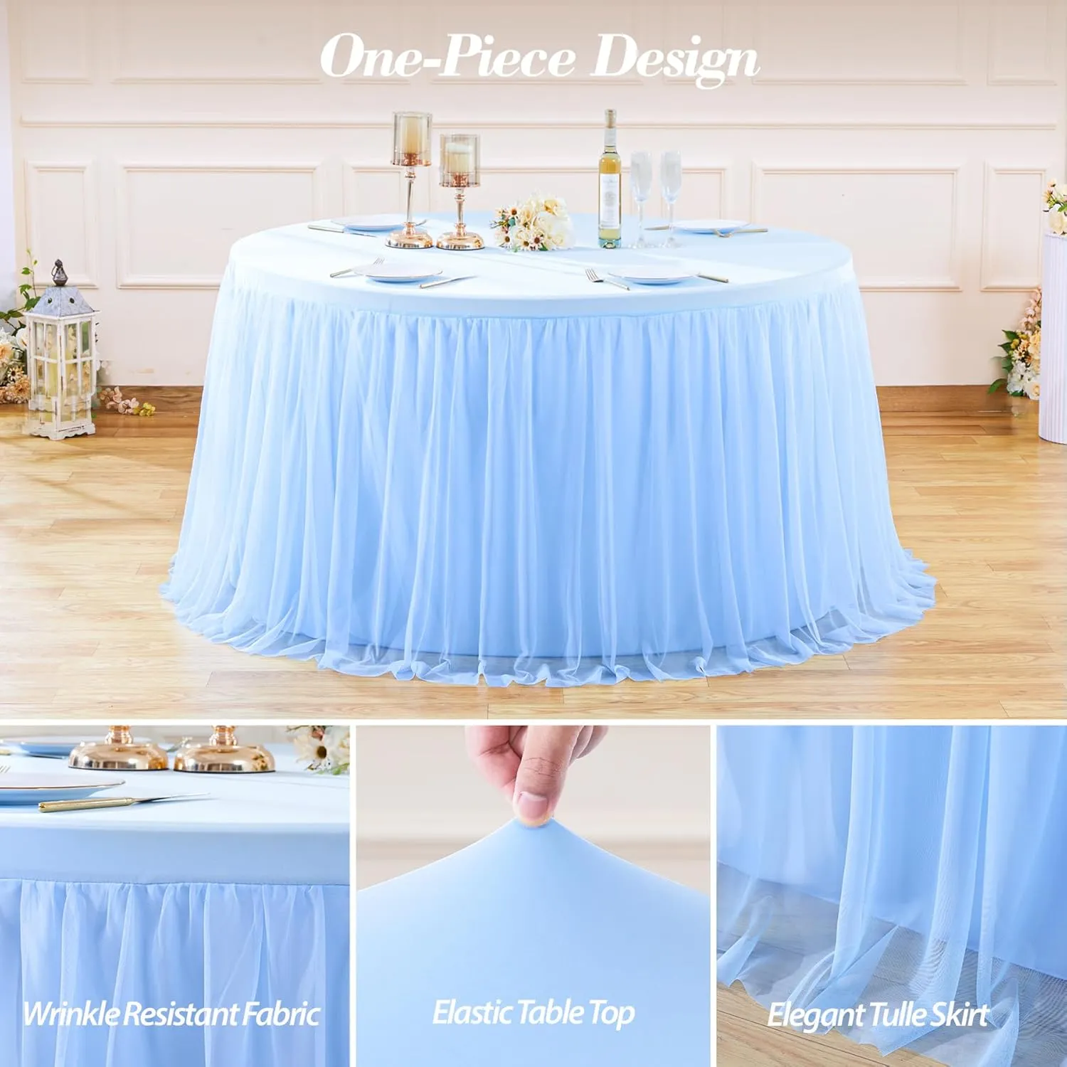 Baby Blue Tulle Tablecloth Fitted 72 Inch Round Tables for Baby Shower Round Table Cloth with Tutu Skirt Wrinkle Free Stretch Ruffle Table Cover for Wedding Birthday Gender Reveal Party Cake