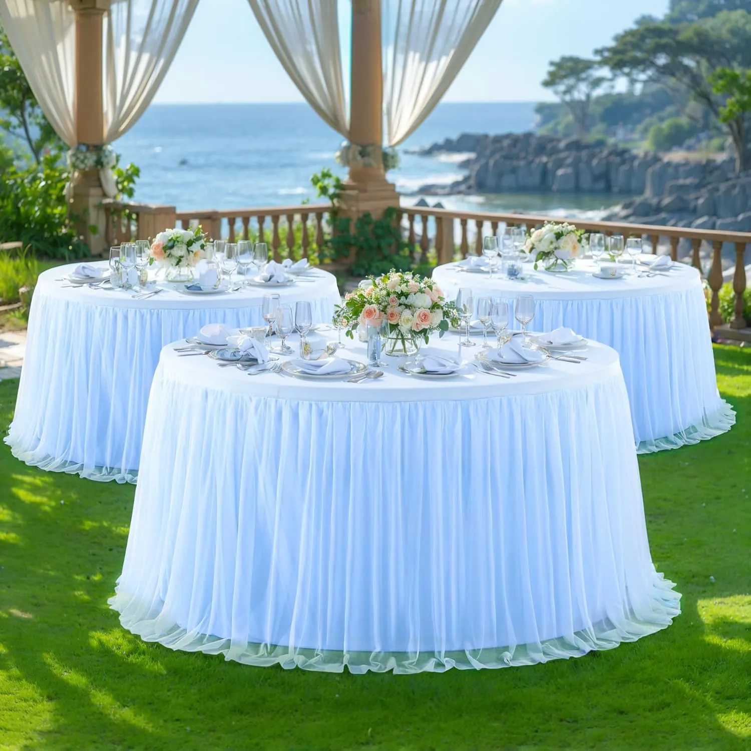 Baby Blue Tulle Tablecloth Fitted 72 Inch Round Tables for Baby Shower Round Table Cloth with Tutu Skirt Wrinkle Free Stretch Ruffle Table Cover for Wedding Birthday Gender Reveal Party Cake