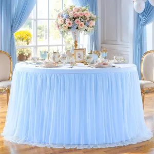 Baby Blue Tulle Tablecloth Fitted 72 Inch Round Tables for Baby Shower Round Table Cloth with Tutu Skirt Wrinkle Free Stretch Ruffle Table Cover for Wedding Birthday Gender Reveal Party Cake