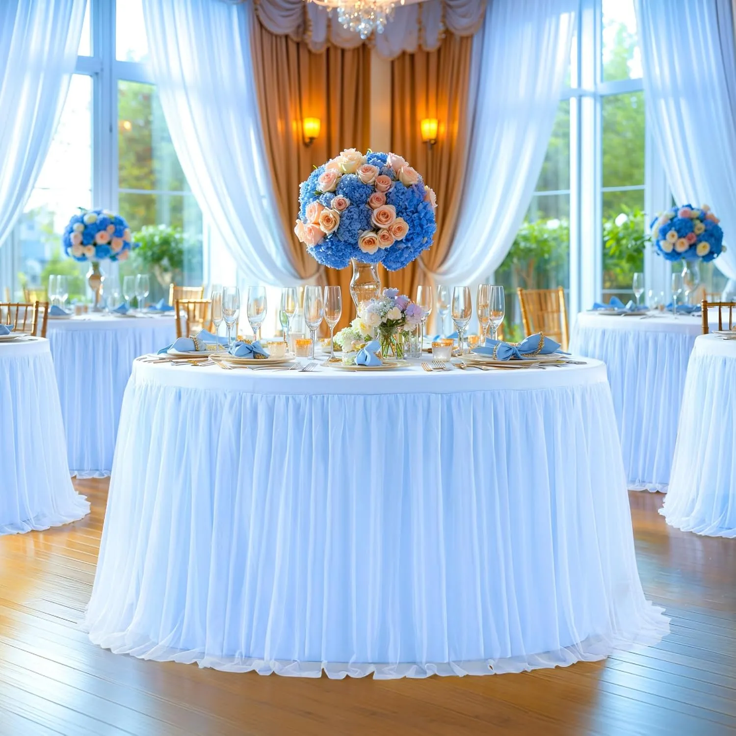 Baby Blue Tulle Tablecloth Fitted 72 Inch Round Tables for Baby Shower Round Table Cloth with Tutu Skirt Wrinkle Free Stretch Ruffle Table Cover for Wedding Birthday Gender Reveal Party Cake