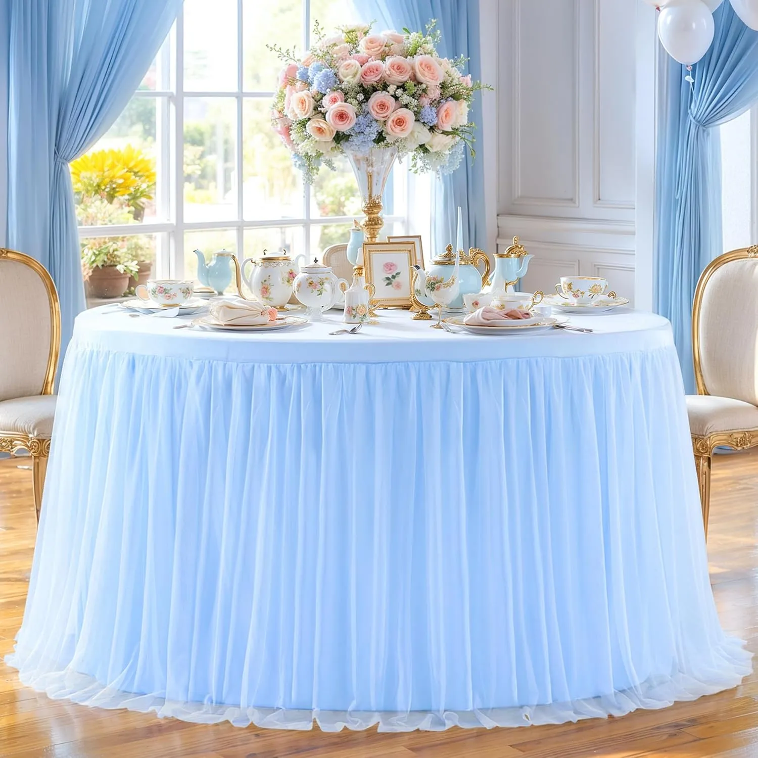Baby Blue Tulle Tablecloth Fitted 72 Inch Round Tables for Baby Shower Round Table Cloth with Tutu Skirt Wrinkle Free Stretch Ruffle Table Cover for Wedding Birthday Gender Reveal Party Cake