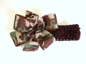 Baby Girls Brown Green Tan Camouflage Hair Bow on Crochet Headband Camo Hair Bow Toddler Girl Hair Accessories