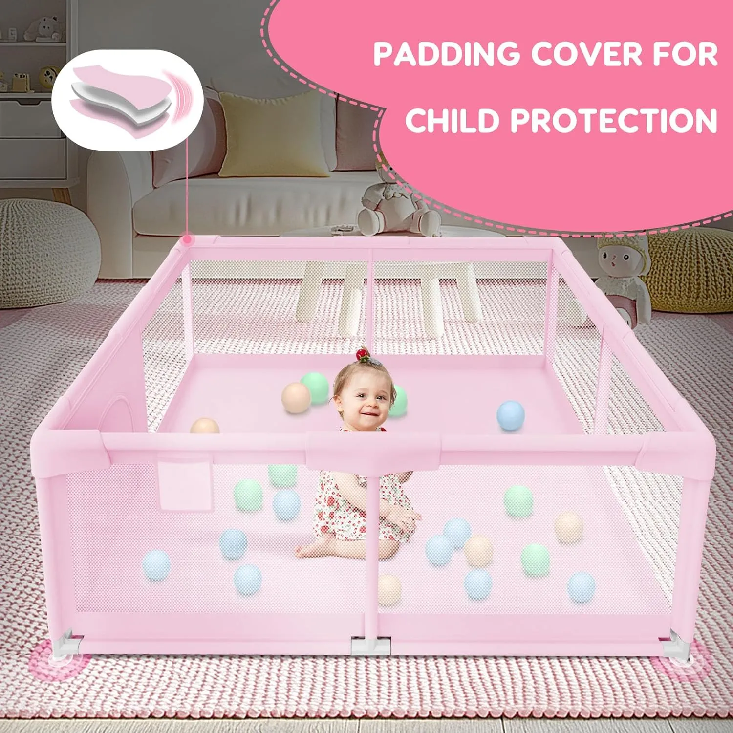 Baby Playpen for Toddler, Playpen for Babies 50" × 50" Baby Fence Playards, Kids Safety Play Pen Area for Indoor & Outdoor (Pink)