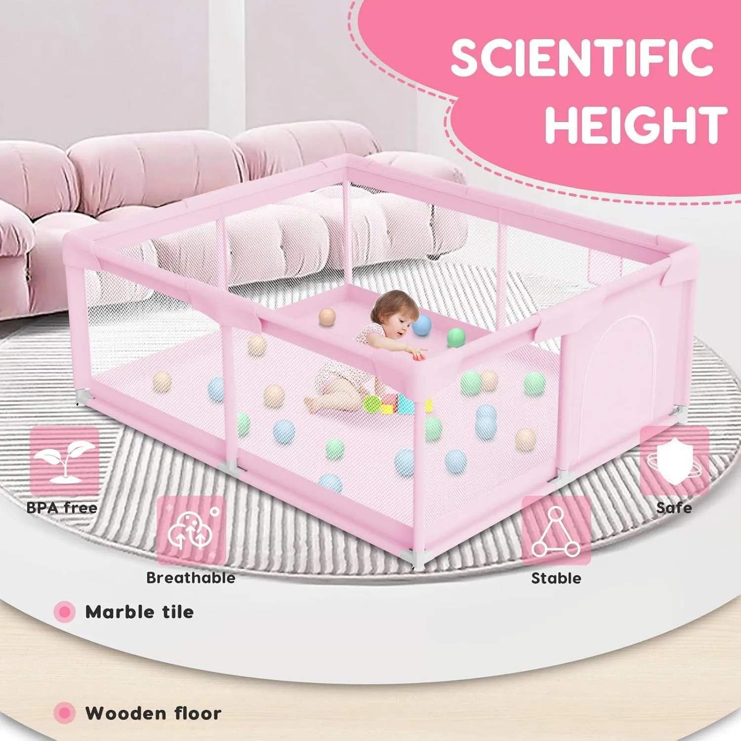 Baby Playpen for Toddler, Playpen for Babies 50" × 50" Baby Fence Playards, Kids Safety Play Pen Area for Indoor & Outdoor (Pink)