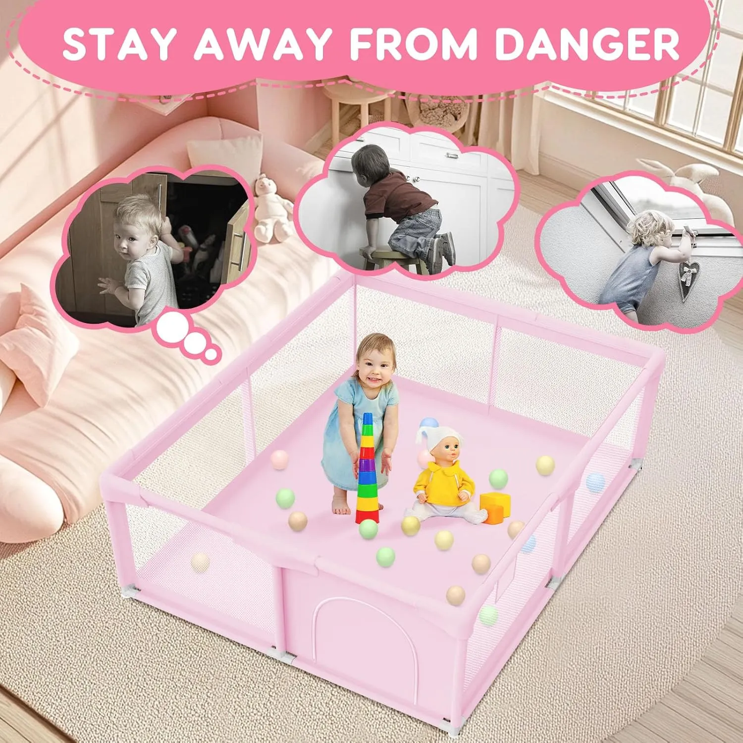 Baby Playpen for Toddler, Playpen for Babies 50" × 50" Baby Fence Playards, Kids Safety Play Pen Area for Indoor & Outdoor (Pink)