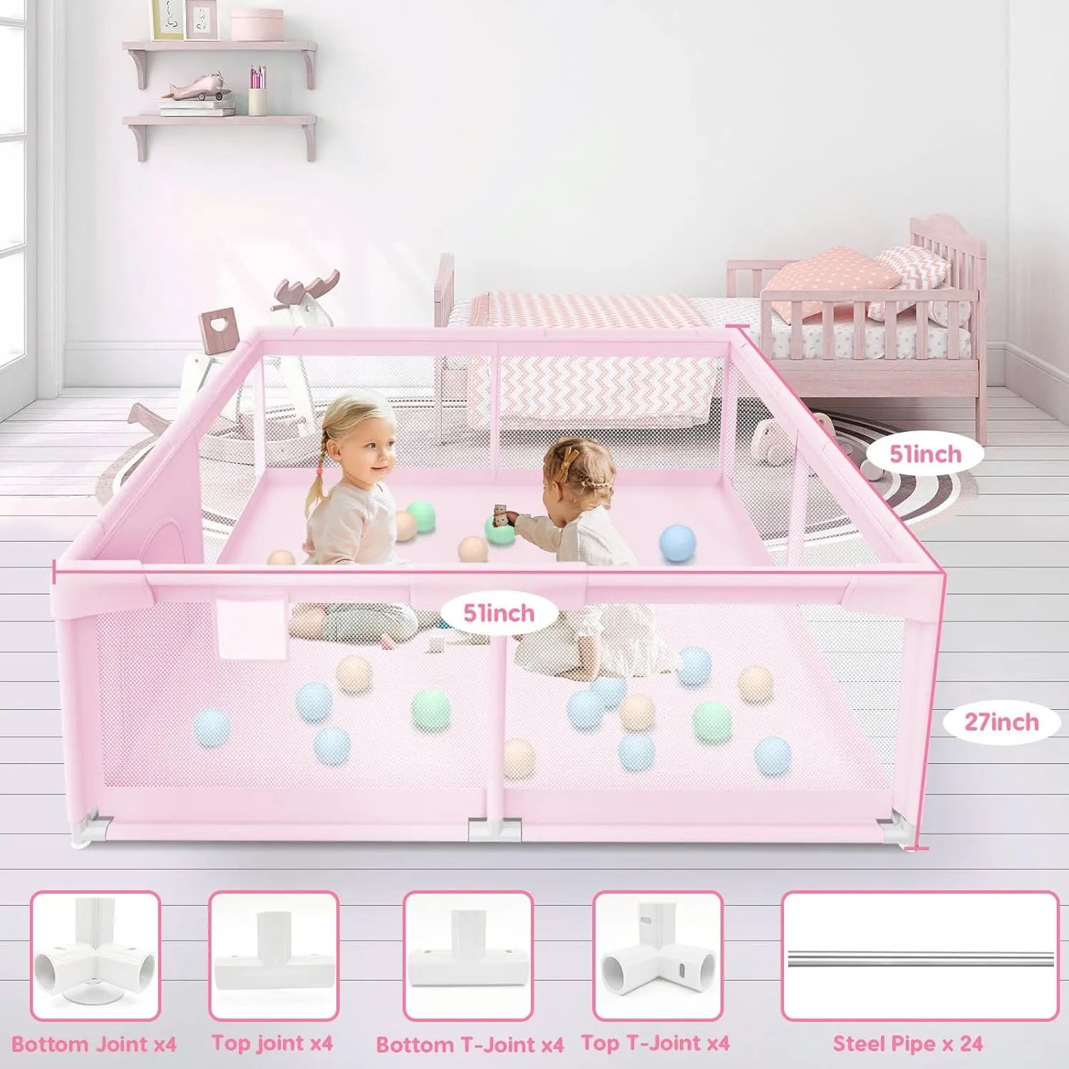 Baby Playpen for Toddler, Playpen for Babies 50" × 50" Baby Fence Playards, Kids Safety Play Pen Area for Indoor & Outdoor (Pink)
