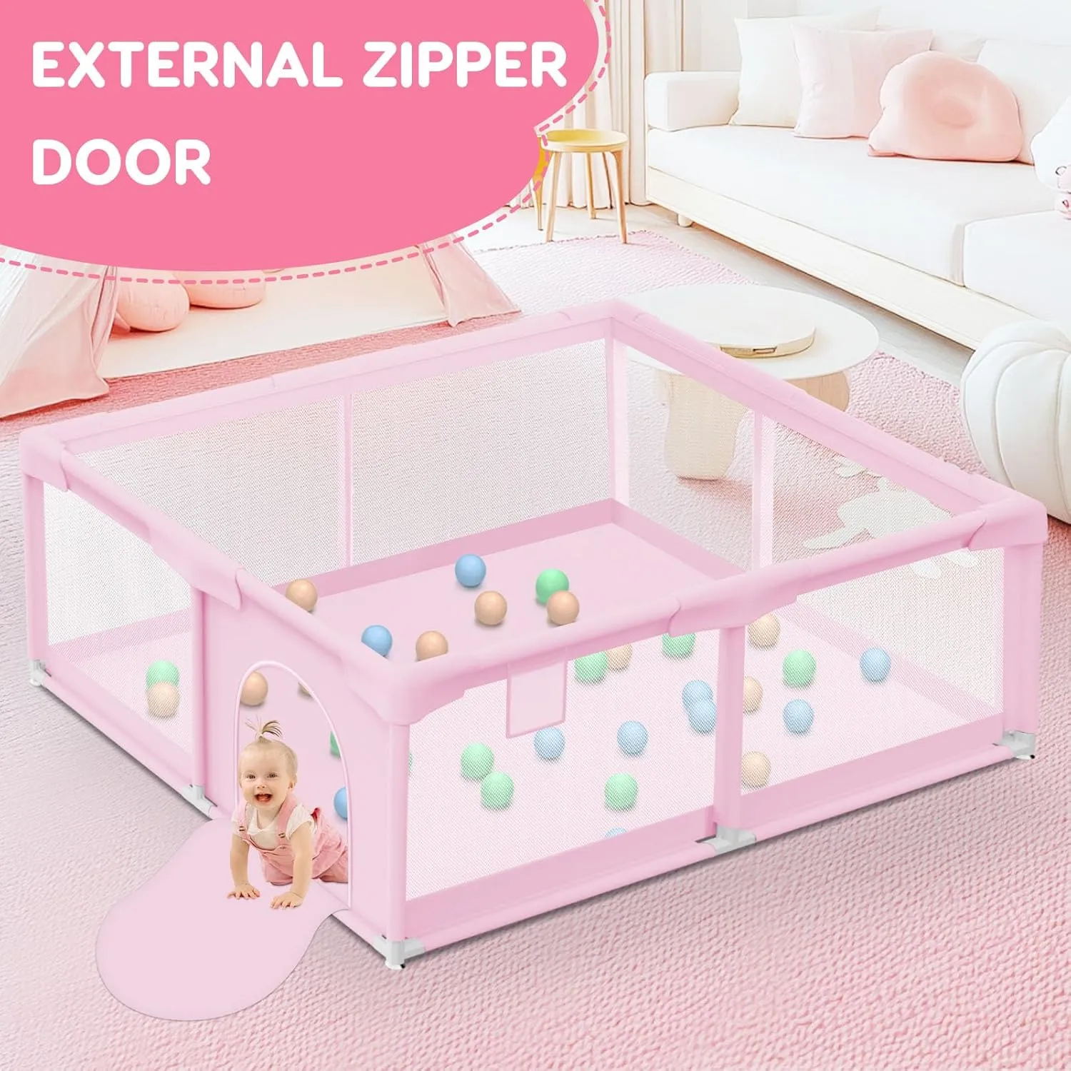 Baby Playpen for Toddler, Playpen for Babies 50" × 50" Baby Fence Playards, Kids Safety Play Pen Area for Indoor & Outdoor (Pink)