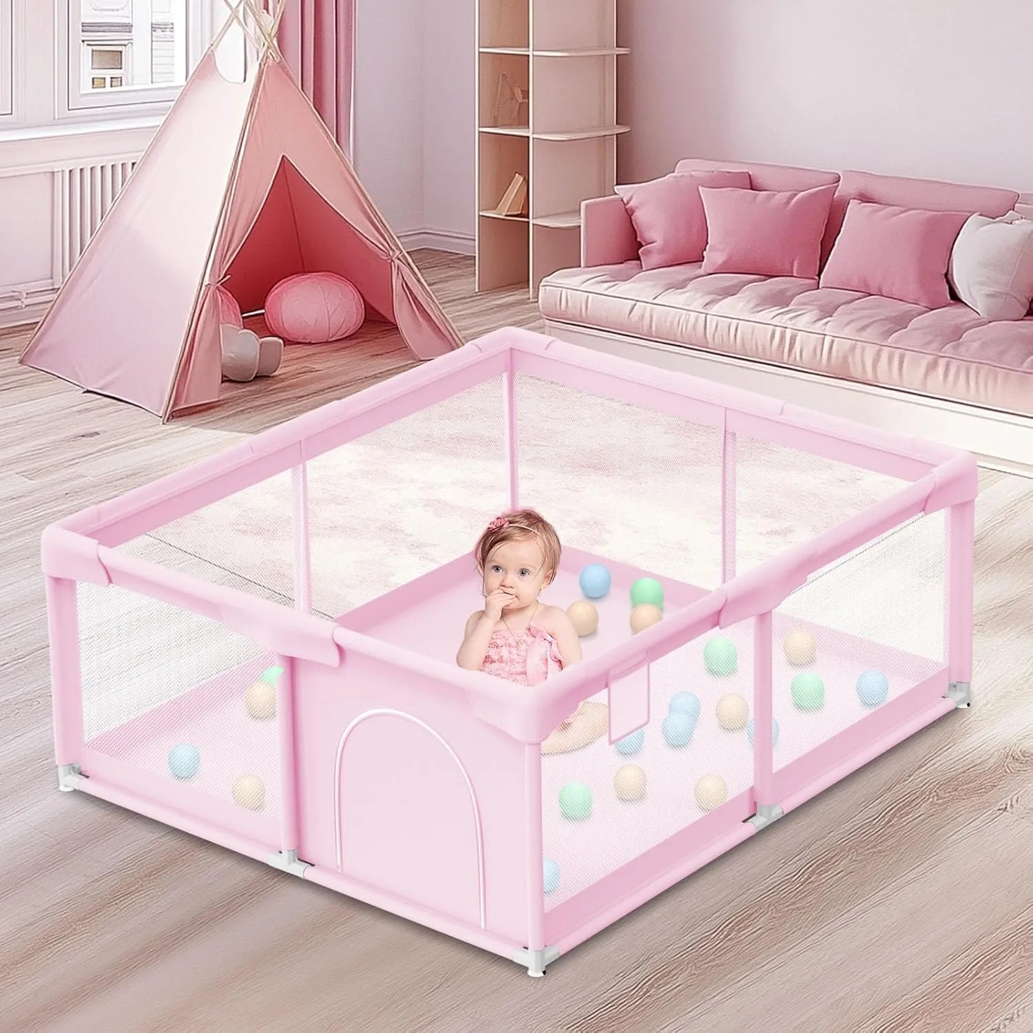 Baby Playpen for Toddler, Playpen for Babies 50" × 50" Baby Fence Playards, Kids Safety Play Pen Area for Indoor & Outdoor (Pink)