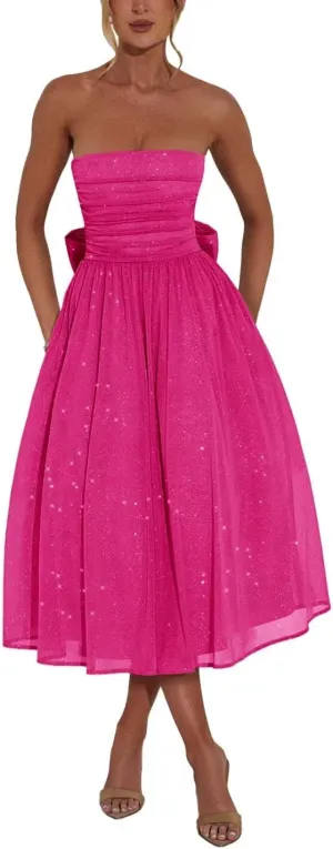 Backless Corset Prom Dresses Strapless Sparkly Tulle Wedding Guest Dress Bow Tie Ruched Formal Evening Party Gown Hot Pink US22W
