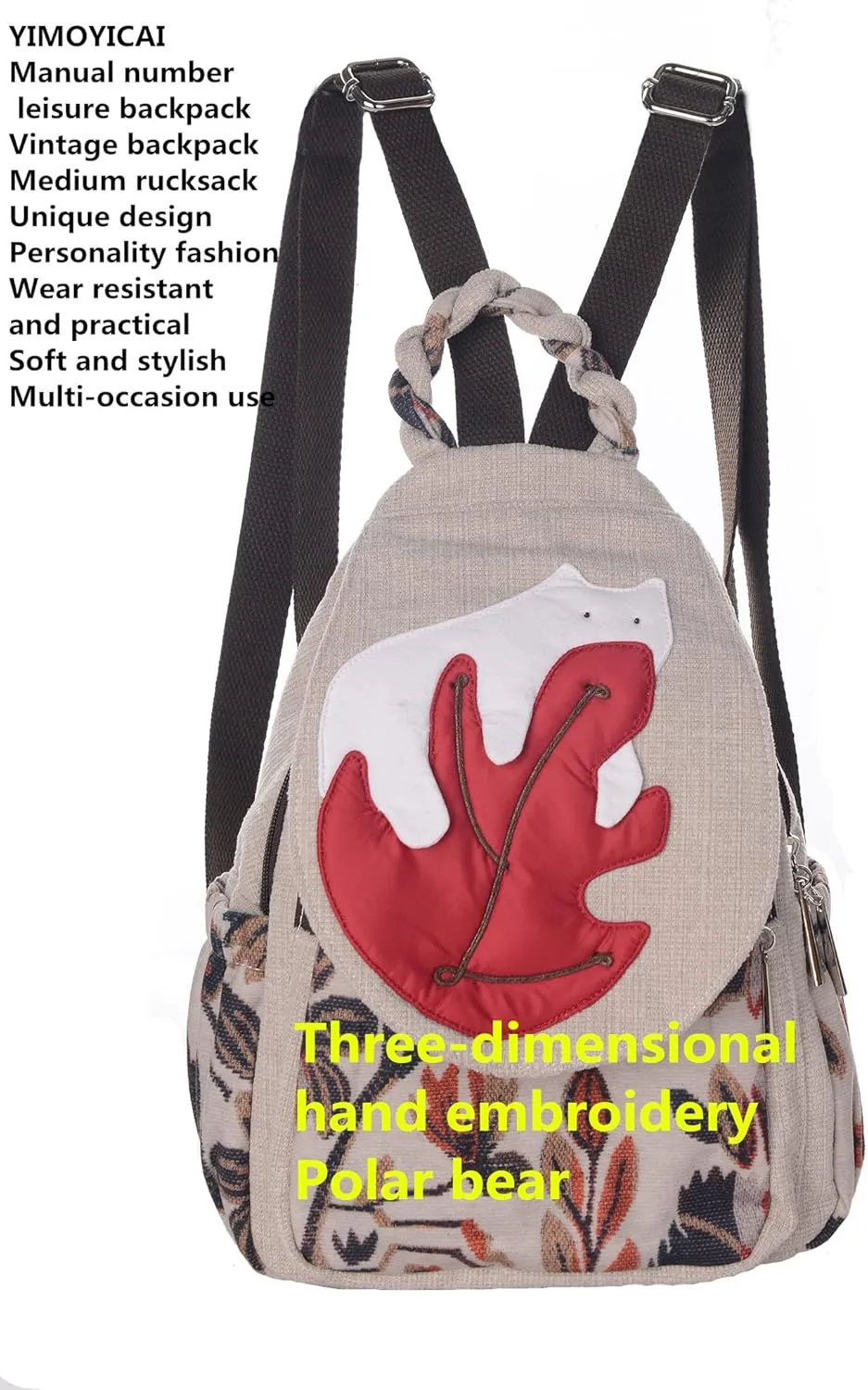 Backpack Purse for Women Girl's Convertible Sling Bag Boho Hippie Embroidered Woven Canvas with Woven Cotton Perfect Small Sling Bag Polar Bear