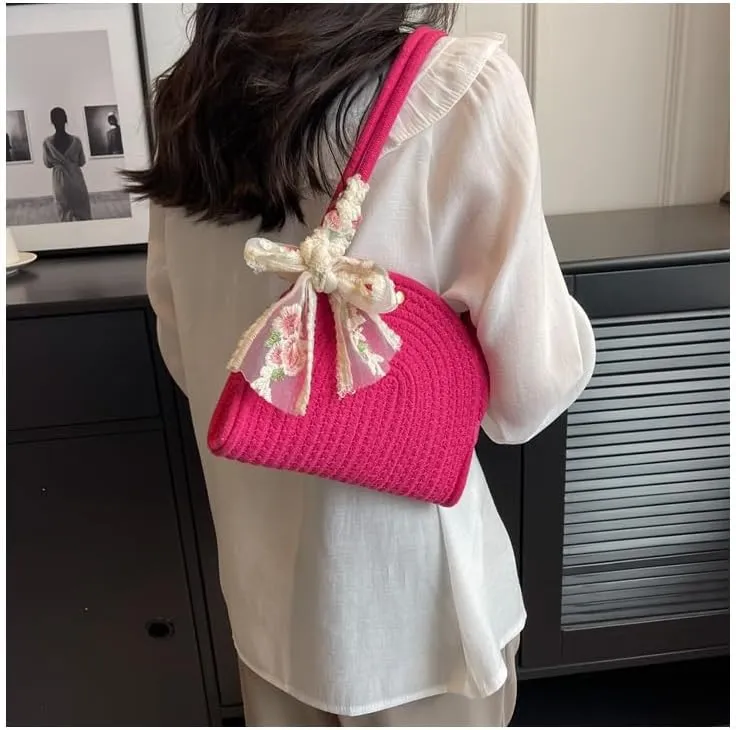 Bag French Fashion Woven Bag Women's Fashion One-shoulder Women's Ins Fashion Cotton Rope Handbag(Khaki)