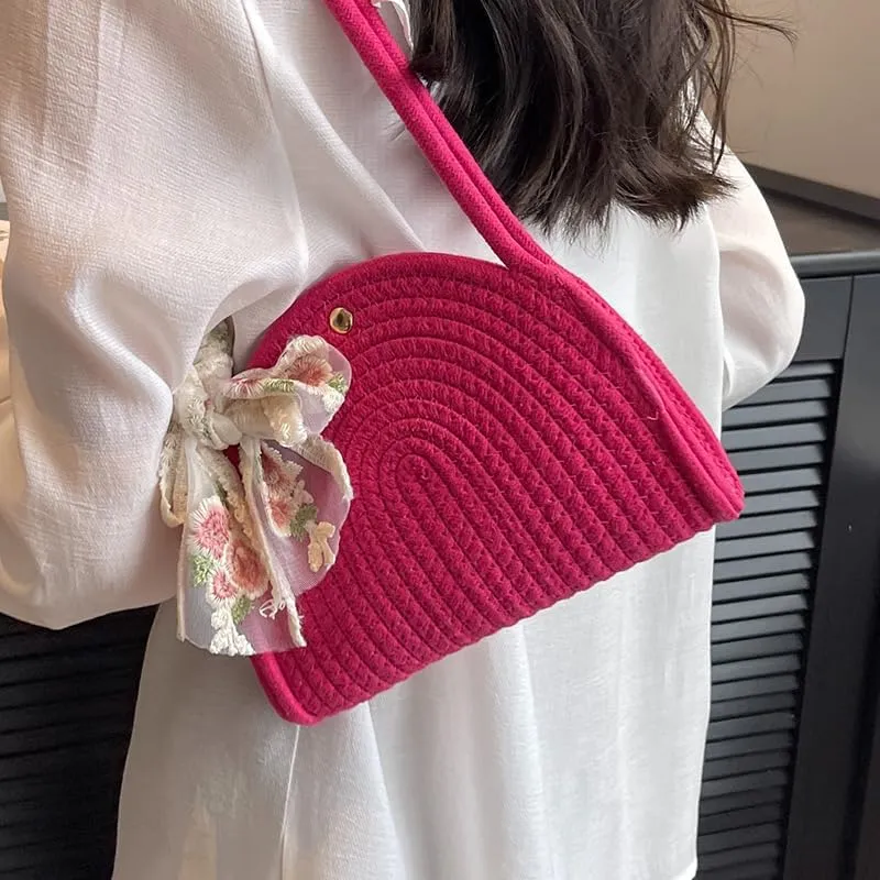 Bag French Fashion Woven Bag Women's Fashion One-shoulder Women's Ins Fashion Cotton Rope Handbag(Khaki)