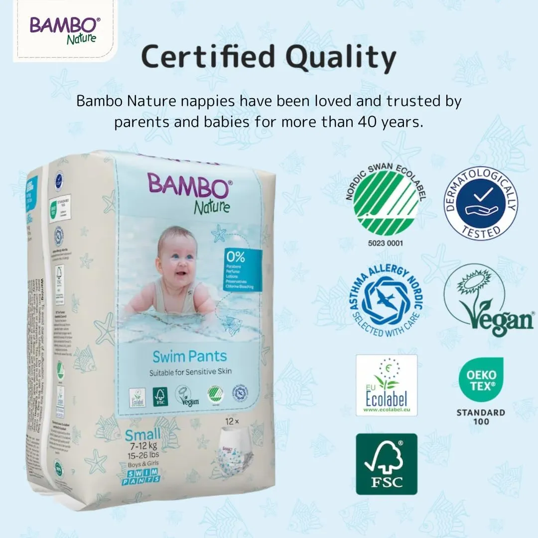 Bambo Nature Hypoallergenic Swim Pants, Eco-Labeled Swim Diapers, Double Leak Barriers - Small (12 Count)