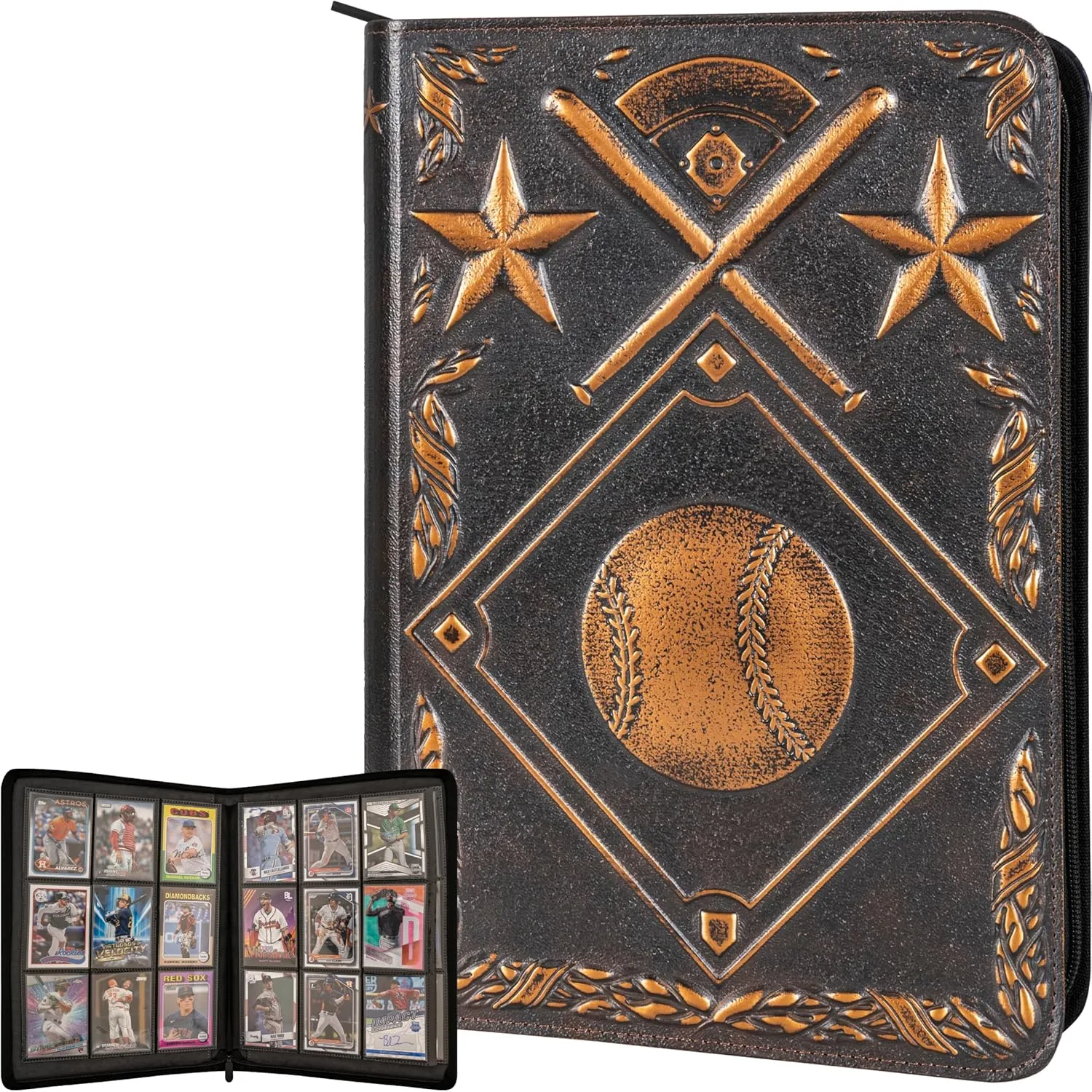 Baseball Card Binder - Stunning 3D Raised & Hand Colorwashed PU Leather Binder - 9 Pocket Album w Zipper - 360 Side Loading Sleeves Book for Baseball Trading Cards - Works with Topps, Bowman, Panini..