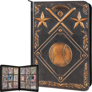 Baseball Card Binder - Stunning 3D Raised & Hand Colorwashed PU Leather Binder - 9 Pocket Album w Zipper - 360 Side Loading Sleeves Book for Baseball Trading Cards - Works with Topps, Bowman, Panini..