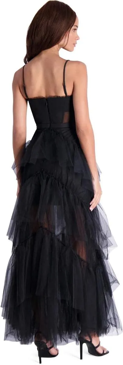 BCBGMAXAZRIA Womens Fit&Flare Maxi Adjustable Spaghetti Strap Straight Neck SemiSheer Boned Corset Bodice Tiered Ruffle Skirt