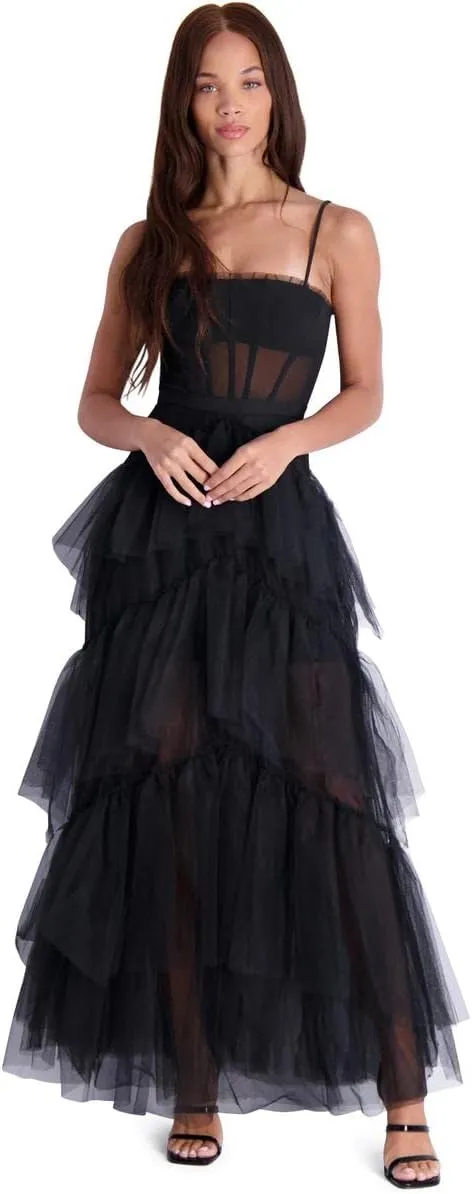 BCBGMAXAZRIA Womens Fit&Flare Maxi Adjustable Spaghetti Strap Straight Neck SemiSheer Boned Corset Bodice Tiered Ruffle Skirt