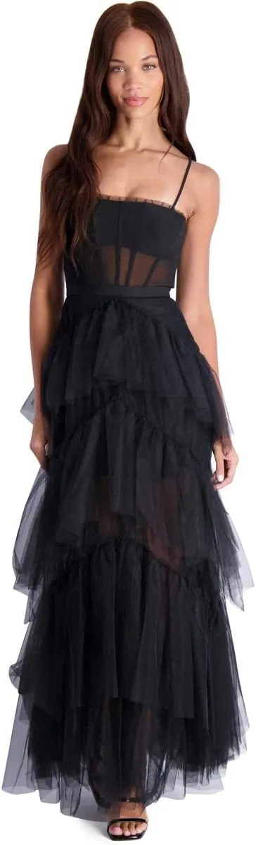 BCBGMAXAZRIA Womens Fit&Flare Maxi Adjustable Spaghetti Strap Straight Neck SemiSheer Boned Corset Bodice Tiered Ruffle Skirt