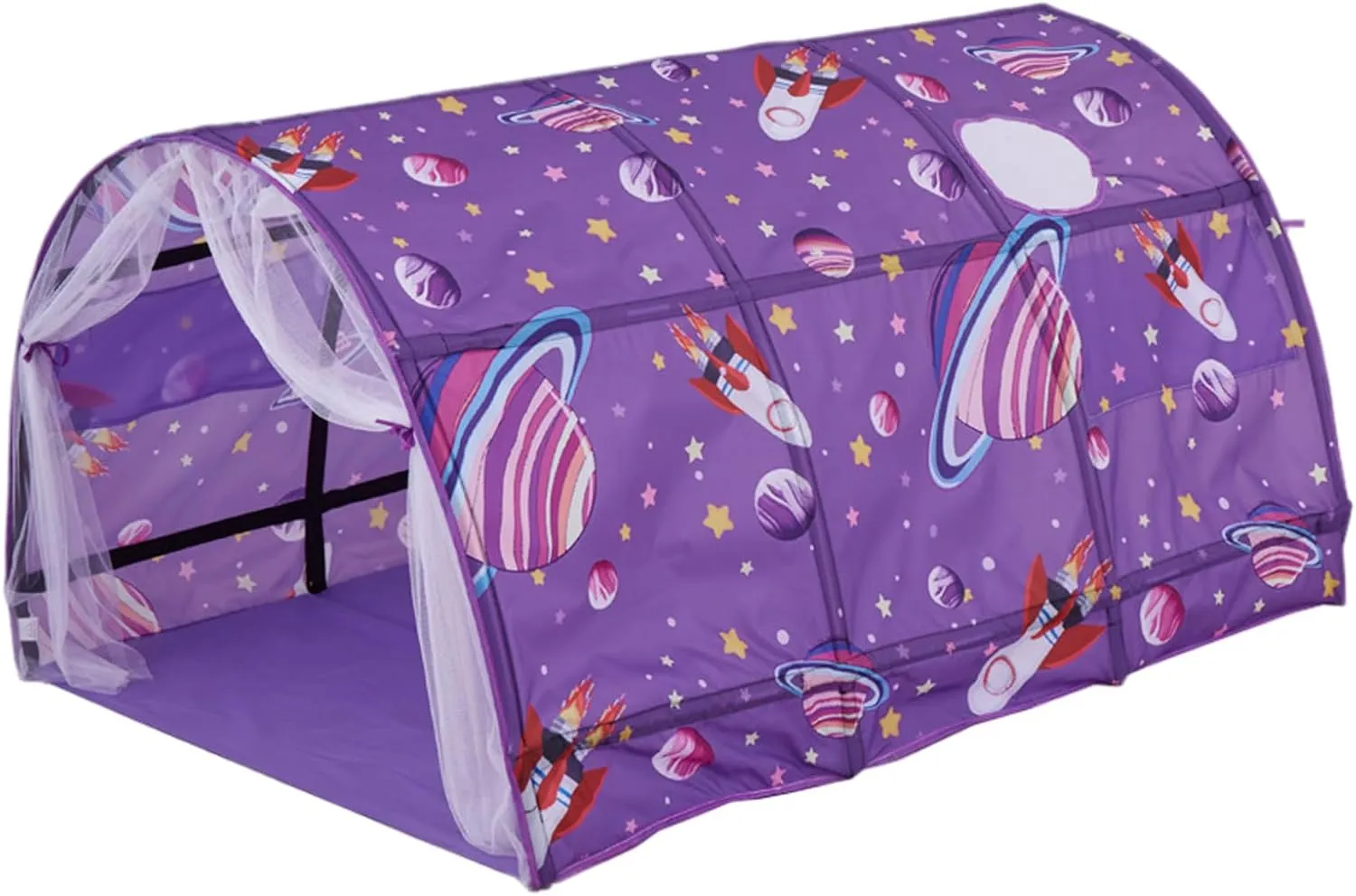 Bed Tent 55x39.4x31.5in Oxford Cloth Safe & Fun Planet Themed Full Size Bed Tent Portable Kids Play Tunnel with Net Curtain for Indoor Home