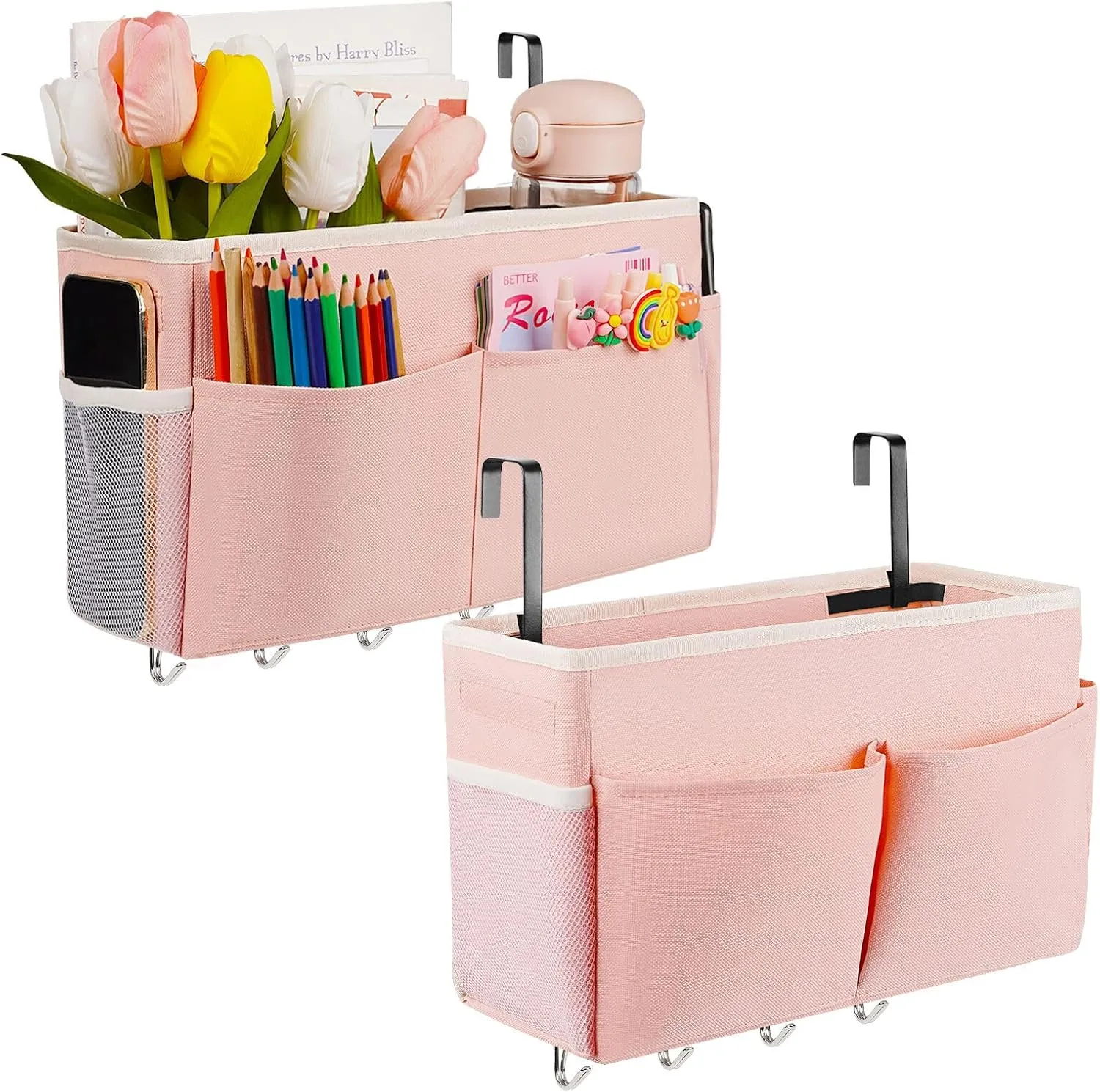 Bedside Storage Organizer 5 Pockets with 4 Hooks Hanging Storage Bag for Headboards/Bunk Bed (2Pack Pink)