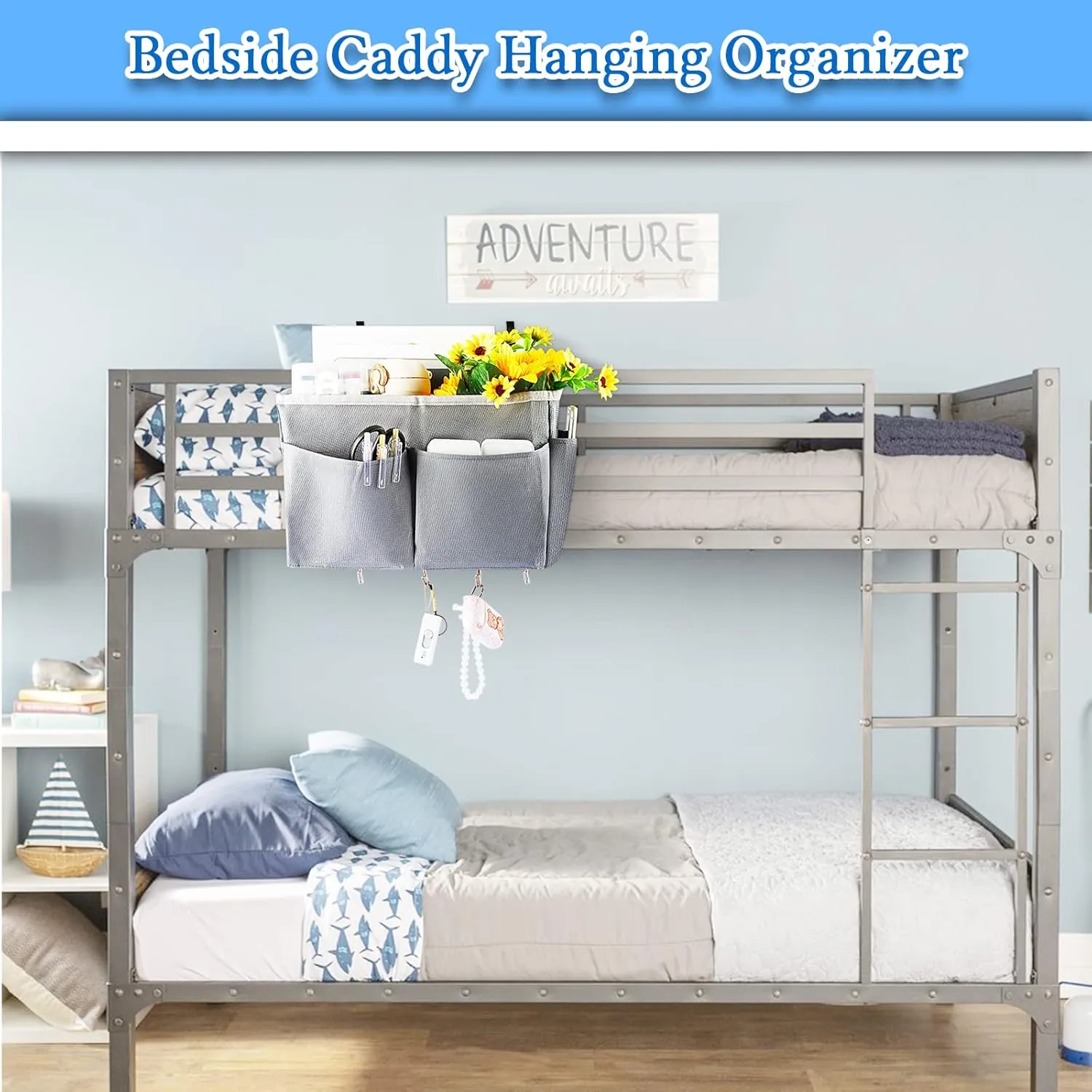 Bedside Storage Organizer 5 Pockets with 4 Hooks Hanging Storage Bag for Headboards/Bunk Bed (Grey)