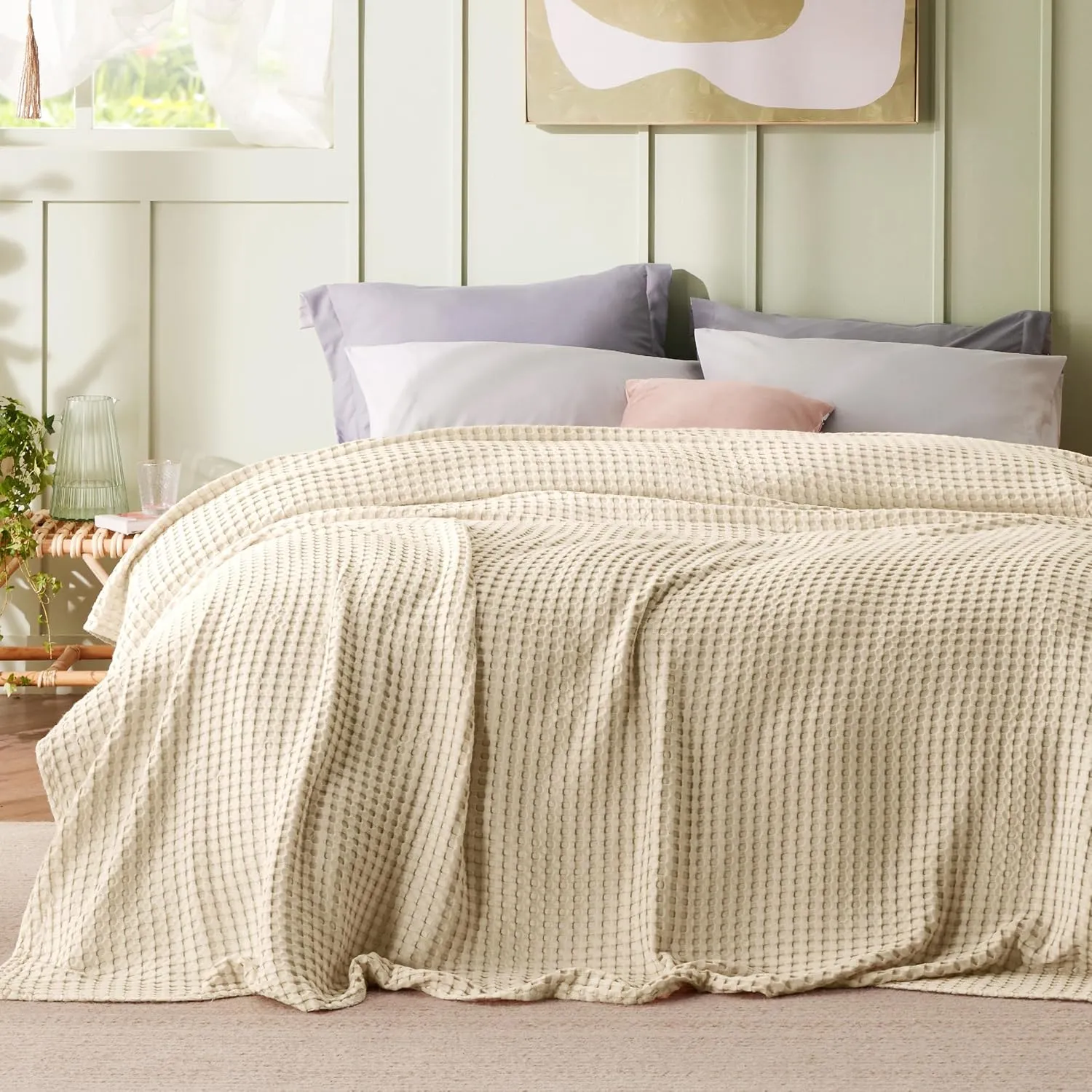 Bedsure Cooling Cotton Waffle King Size Blanket - Lightweight Breathable Summer Blanket of Rayon Derived from Bamboo for Hot Sleepers, Luxury Throws for Bed, Couch and Sofa, Beige, 104x90 Inches