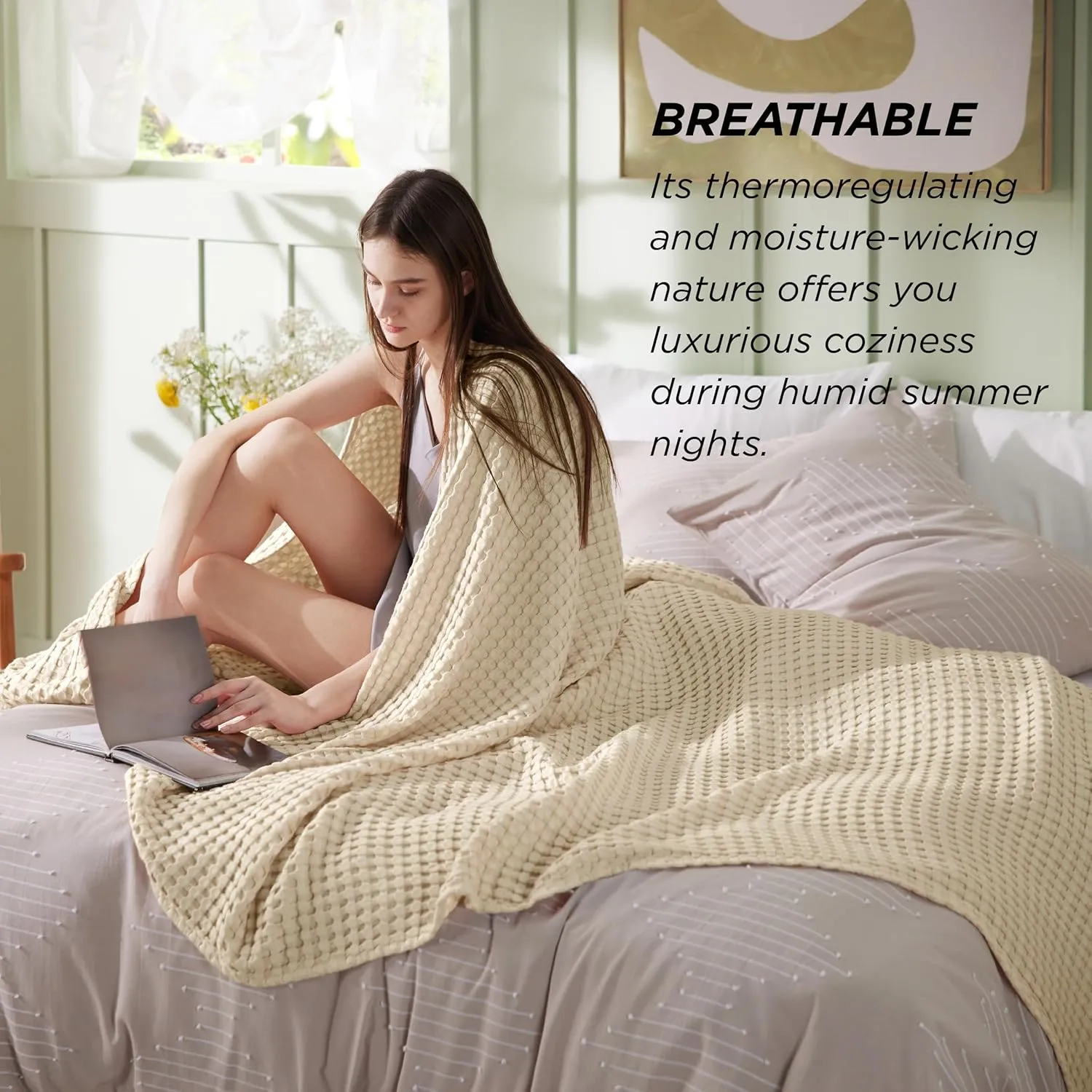 Bedsure Cooling Cotton Waffle King Size Blanket - Lightweight Breathable Summer Blanket of Rayon Derived from Bamboo for Hot Sleepers, Luxury Throws for Bed, Couch and Sofa, Beige, 104x90 Inches