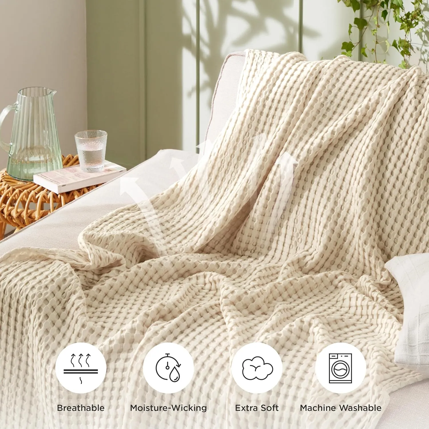 Bedsure Cooling Cotton Waffle King Size Blanket - Lightweight Breathable Summer Blanket of Rayon Derived from Bamboo for Hot Sleepers, Luxury Throws for Bed, Couch and Sofa, Beige, 104x90 Inches