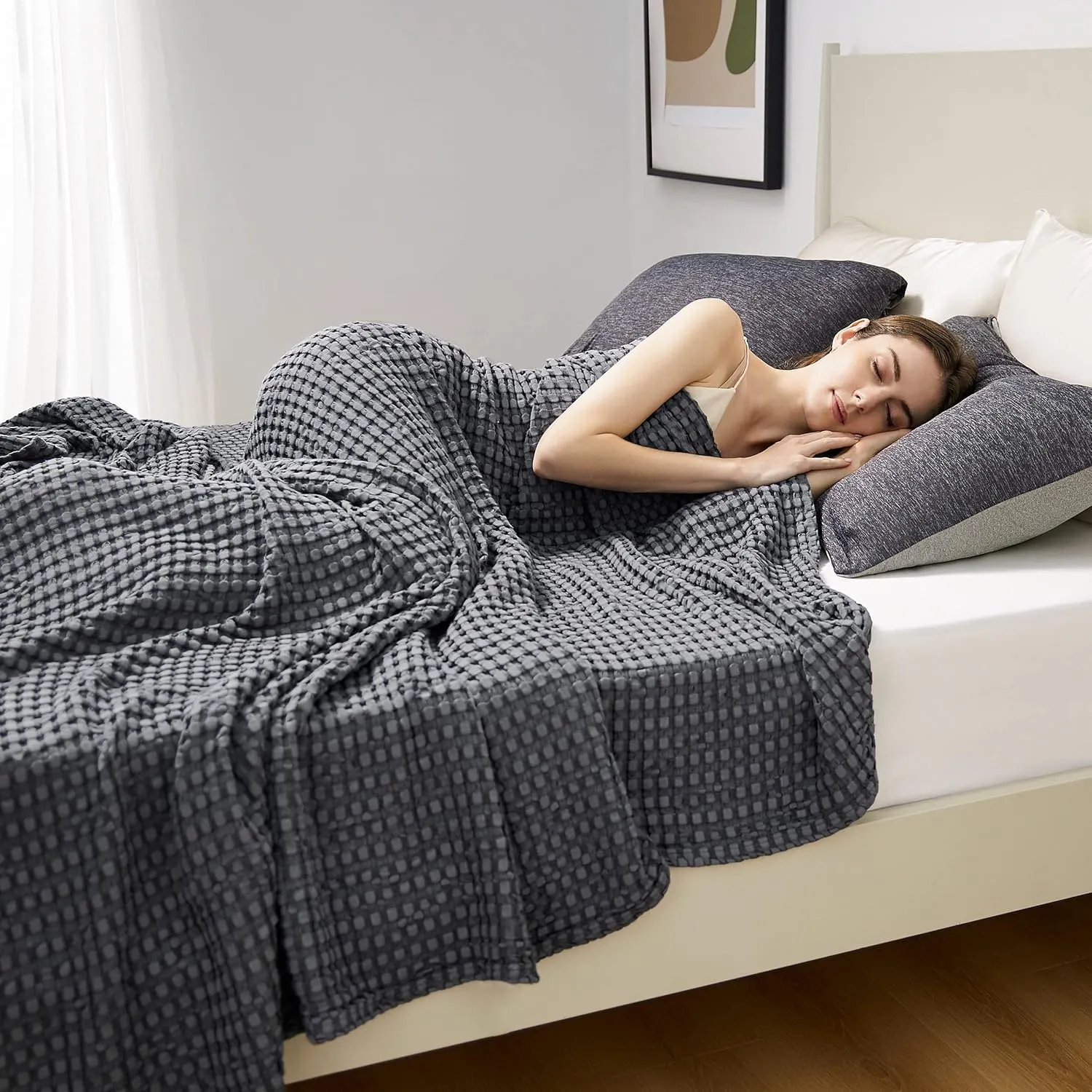 Bedsure Cooling Cotton Waffle King Size Blanket - Lightweight Breathable Summer Blanket of Rayon Derived from Bamboo for Hot Sleepers, Luxury Throws for Bed, Couch and Sofa, Dark Grey, 104x90 Inches