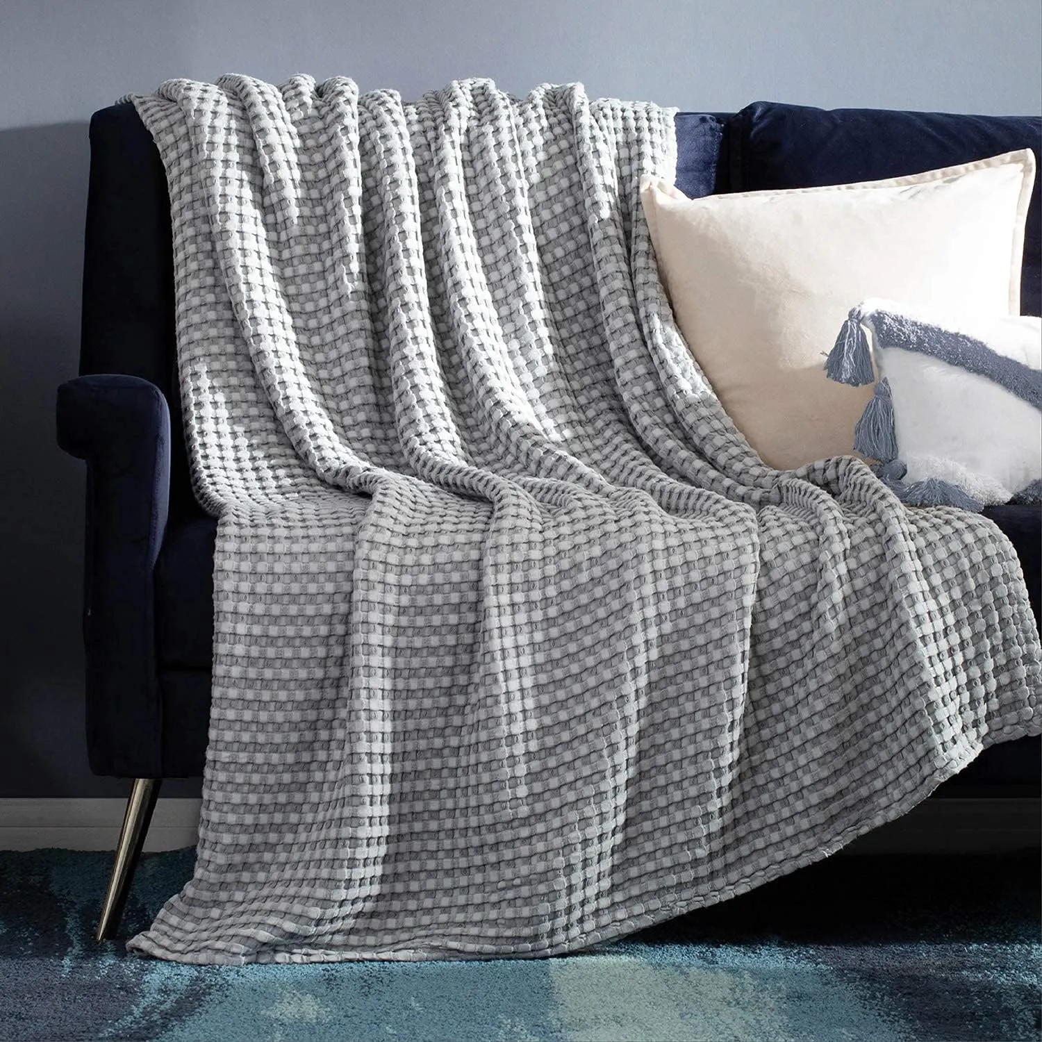 Bedsure Cooling Cotton Waffle King Size Blanket - Lightweight Breathable Summer Blanket of Rayon Derived from Bamboo for Hot Sleepers, Luxury Throws for Bed, Couch and Sofa, Grey, 104x90 Inches