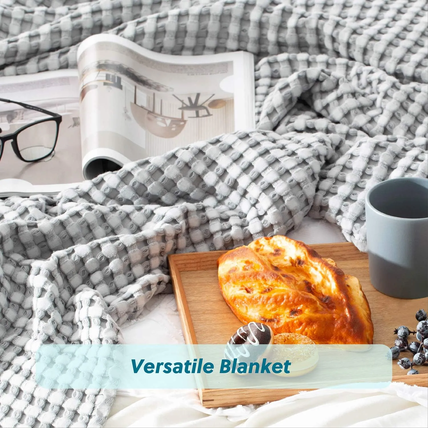 Bedsure Cooling Cotton Waffle King Size Blanket - Lightweight Breathable Summer Blanket of Rayon Derived from Bamboo for Hot Sleepers, Luxury Throws for Bed, Couch and Sofa, Grey, 104x90 Inches