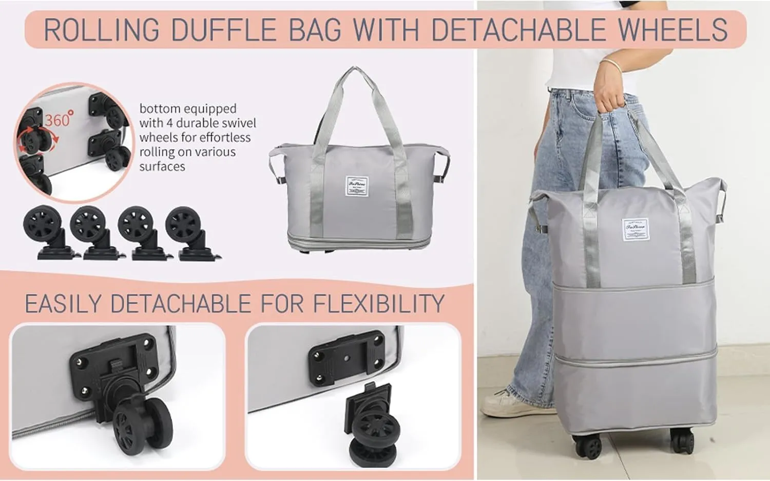Beente Travel Bag With Wheels, 2025 New Large Capacity Travel Bag - Universal Wheel Removable, Expandable Foldable, Weekend Carry On Luggage Bag (Black)