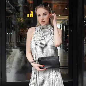 befen Black Genuine Leather Wristlet Clutch Cell Phone Wallet Purse with Medium Crossbody Bags Trendy