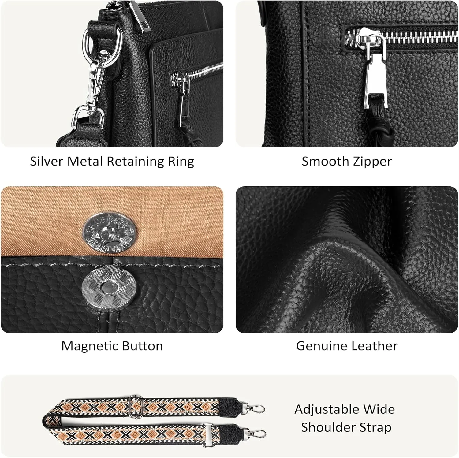befen Genuine Leather Purses for Women Medium Crossbody Bags Shoulder Bag Handbags with Adjustable Guitar Strap