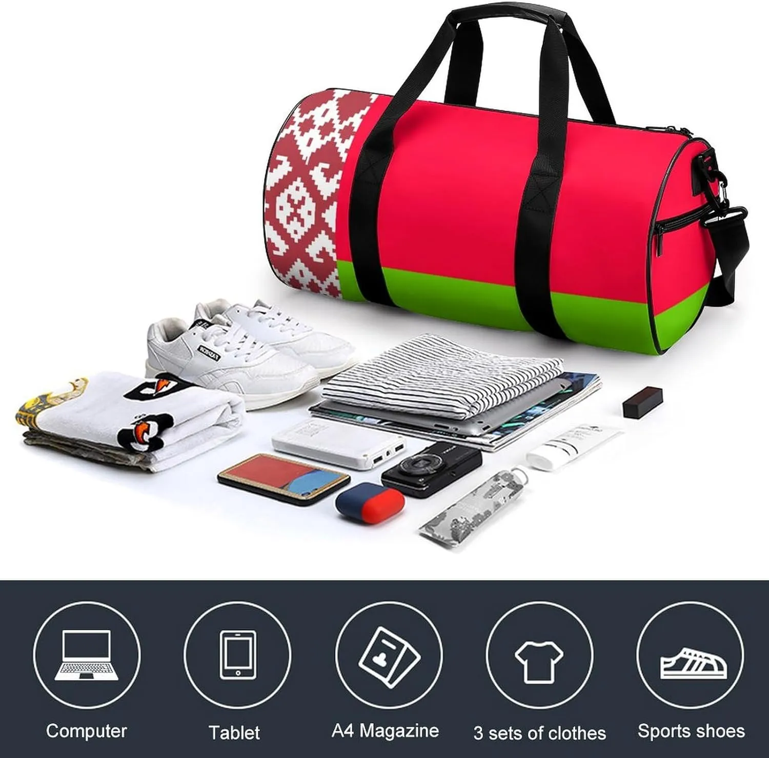 Belarus Flag Large Gym Duffel Bag with Wet Pocket for Men Women Travel Workout