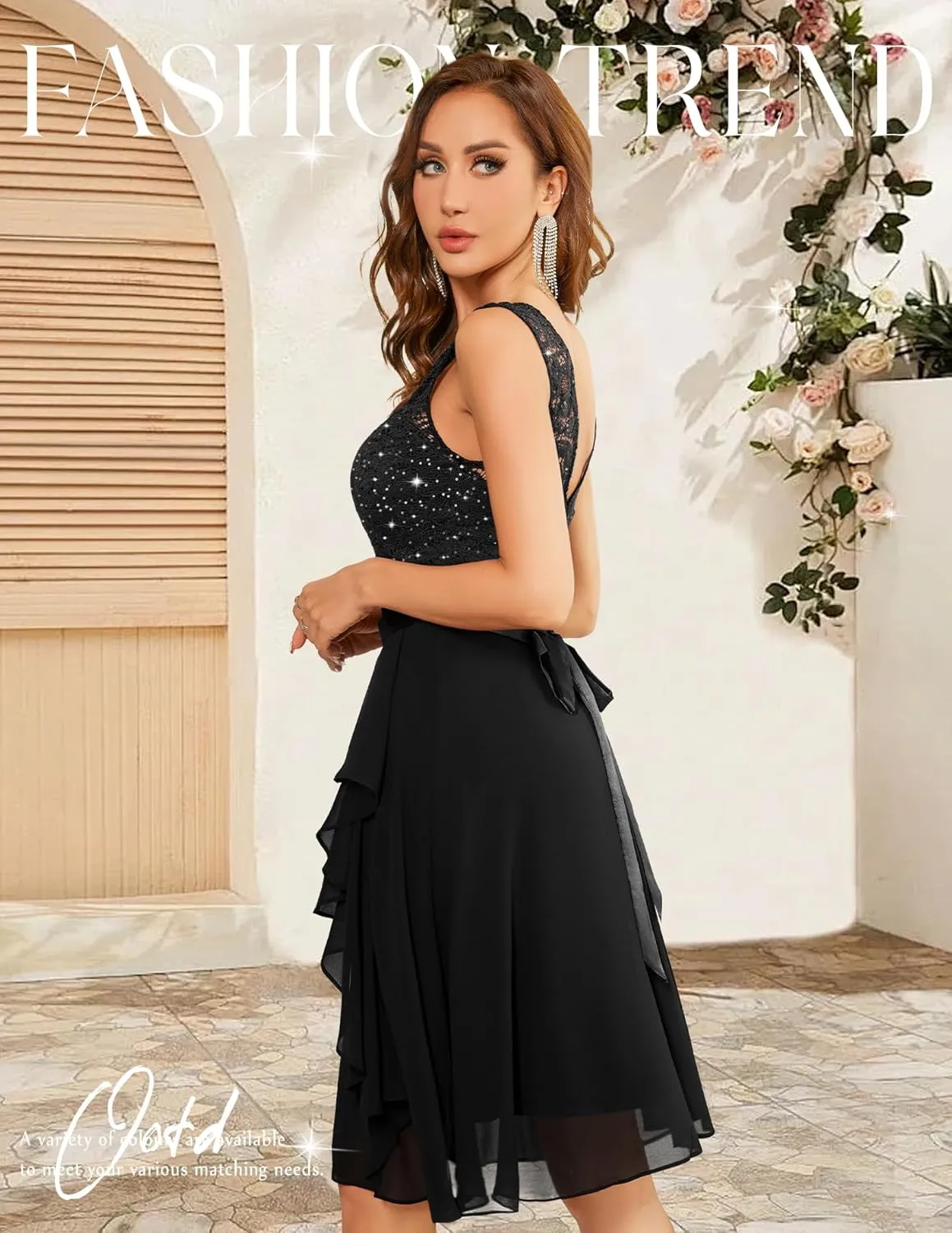 BeryLove Women's Cocktail Dresses Prom Wedding Guest Short Bridesmaid Dresses Ruffle Hem Sleeveless Lace Formal Dress