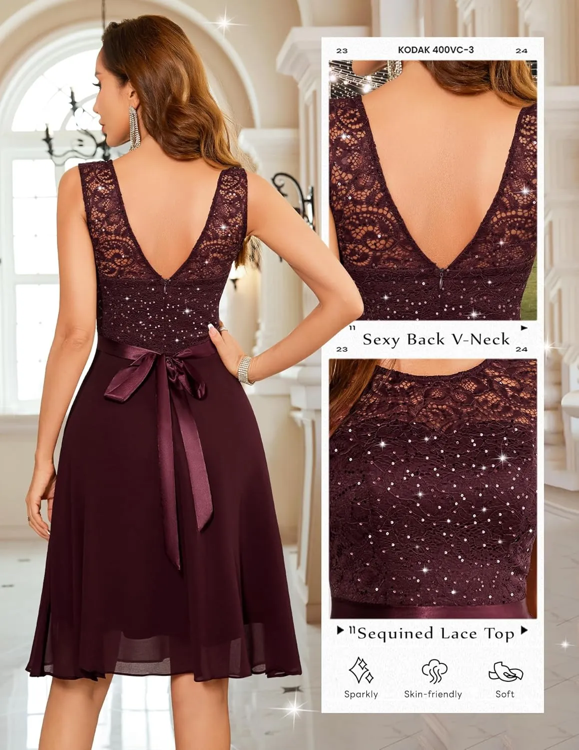 BeryLove Women's Cocktail Dresses Prom Wedding Guest Short Bridesmaid Dresses Ruffle Hem Sleeveless Lace Formal Dress