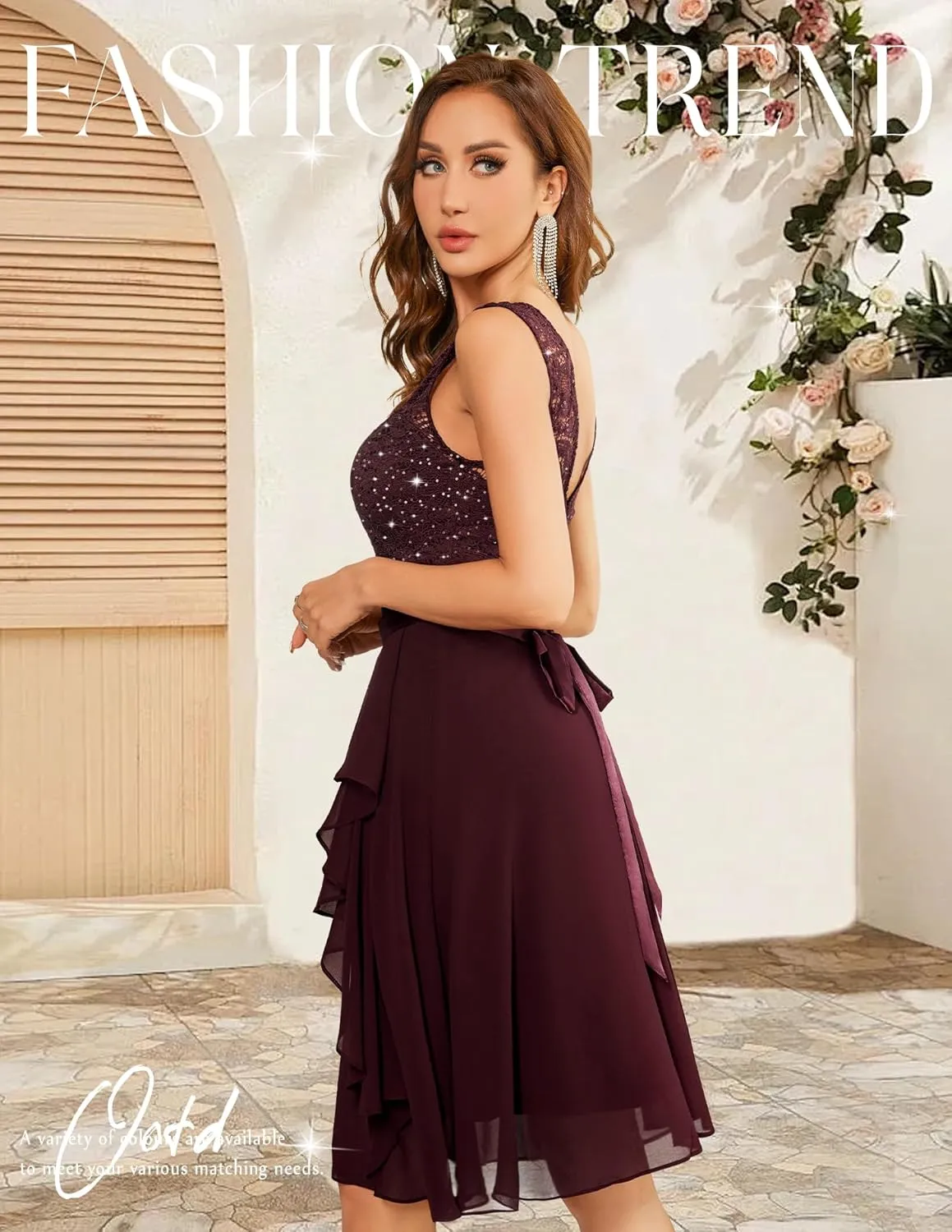 BeryLove Women's Cocktail Dresses Prom Wedding Guest Short Bridesmaid Dresses Ruffle Hem Sleeveless Lace Formal Dress
