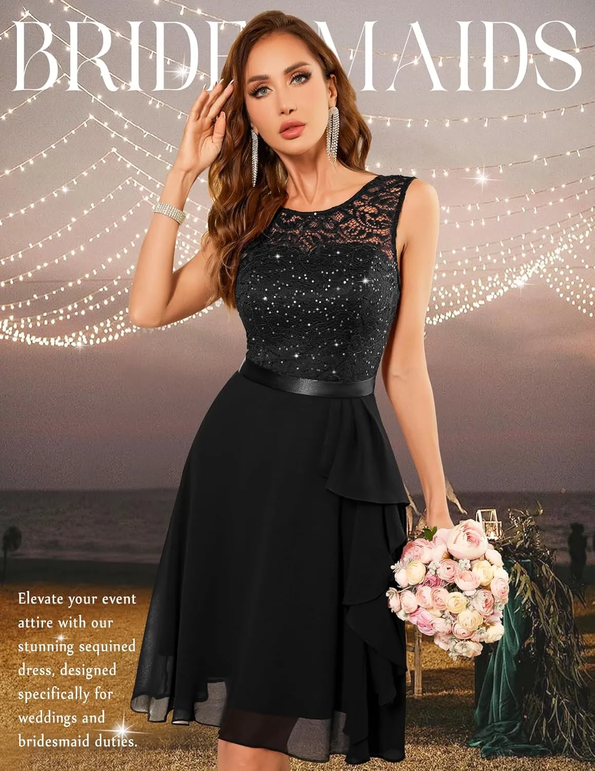 BeryLove Women's Cocktail Dresses Prom Wedding Guest Short Bridesmaid Dresses Ruffle Hem Sleeveless Lace Formal Dress