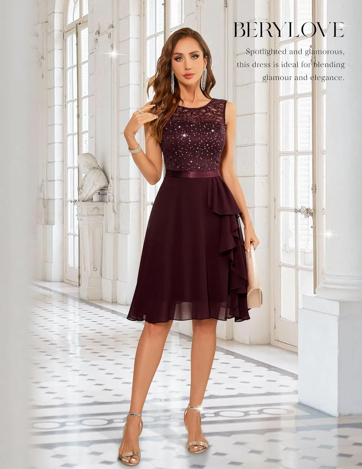 BeryLove Women's Cocktail Dresses Prom Wedding Guest Short Bridesmaid Dresses Ruffle Hem Sleeveless Lace Formal Dress
